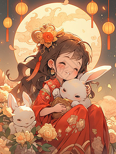 仙气飘飘嫦娥和兔子中秋节古风卡通插画图片