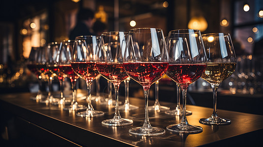 餐桌排列整齐的好喝的红酒图片