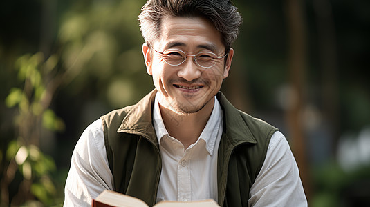 看书戴眼镜微笑的中年男人图片