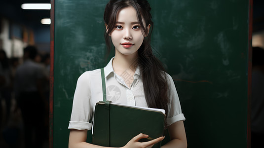 穿白衬衫抱着本子在黑板前的年轻女教师图片