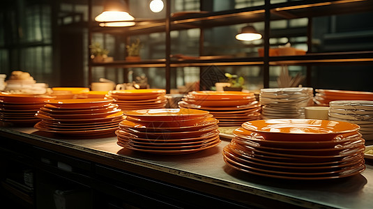 很多盘子放在餐厅桌子上图片