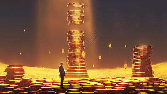 简笔小人一个小小的卡通人物站在高高的金币柱旁插画