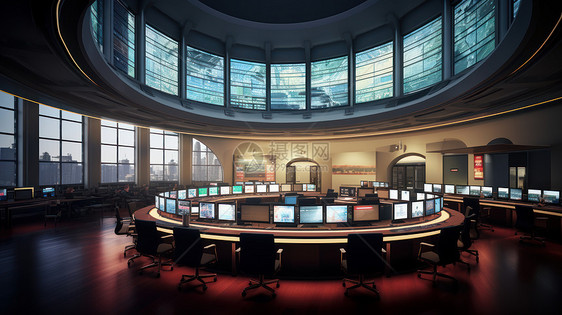 超大圆形办公桌与电脑金融交易大厅图片