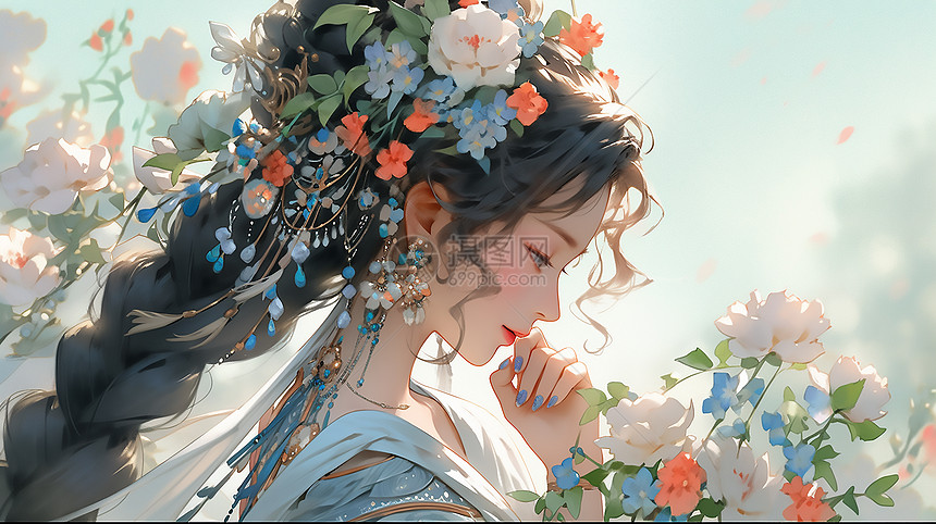 古风头戴花朵长发女生插画图片