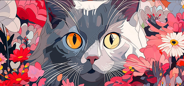 猫咪和花朵插画图片