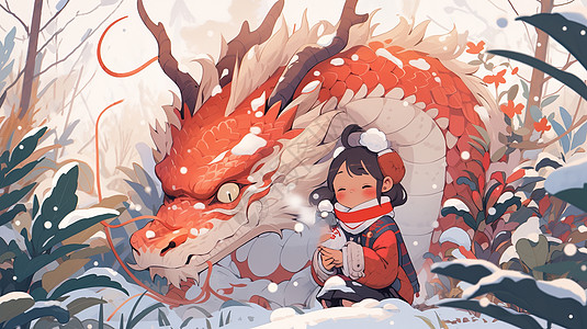 冬天雪地中在红色巨龙旁边的可爱卡通小女孩背景图片