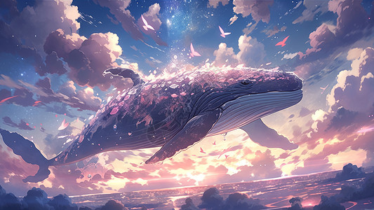 在大海上空飞翔的超大粉色卡通鲸鱼图片