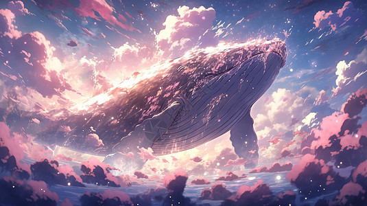卡通梦幻粉色天空中飞翔的大鱼图片
