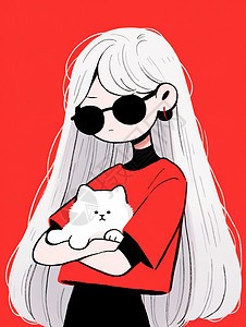 时尚长发卡通女孩抱着白猫图片