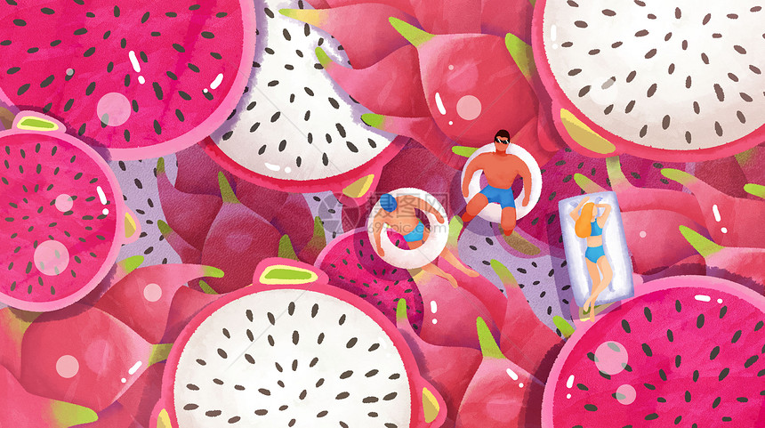夏天泳池假期火龙果水果手绘风横版插画图片