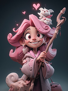 拿着魔法手杖粉色长发可爱的卡通小魔女IP图片