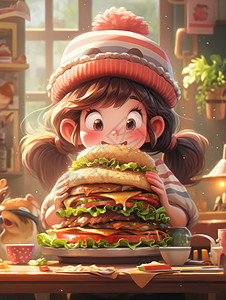 吃超大汉堡的可爱卡通小女孩图片