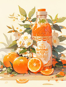 一瓶新鲜的卡通橙子汁放在鲜橙与花朵中间图片