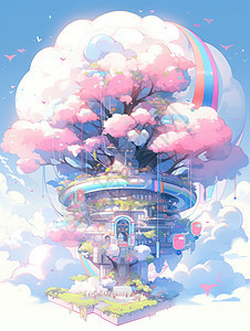 在空中粉色大树下的梦幻卡通城堡与云朵图片