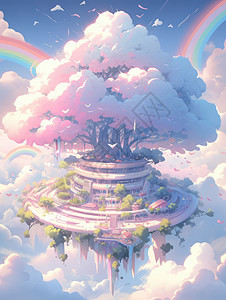 超大的云朵树下一座飞在空中的卡通科幻城堡图片