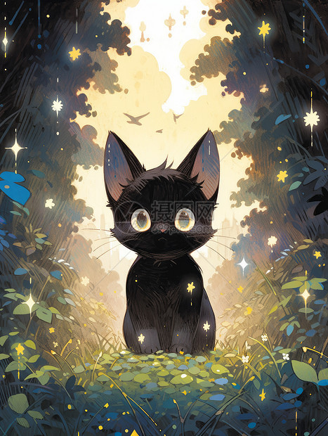大眼睛可爱的黑色卡通小猫在森林中图片