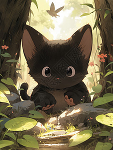 森林中树底下的可爱黑色卡通小猫图片