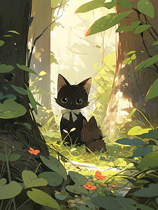 在森林中树底下乘凉的可爱卡通小黑猫高清图片