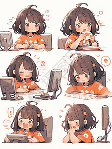 电脑前工作的可爱卡通女孩各种表情动作图片