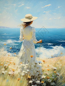 戴着帽子面向大海的年轻女孩复古风油画风图片