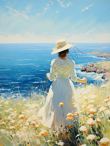戴着帽子穿白色长裙的小清新女孩背影面向大海油画风图片
