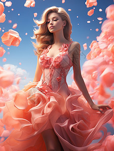 穿浪漫粉色花朵礼服裙子的时尚女人图片