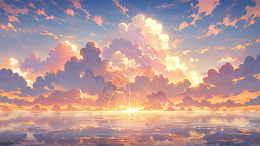 夕阳下美丽的与云朵唯美卡通风景图片