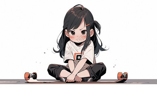 坐在滑板上生气的卡通女孩图片