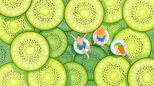 夏天泳池假期奇异果水果手绘风横版插画图片