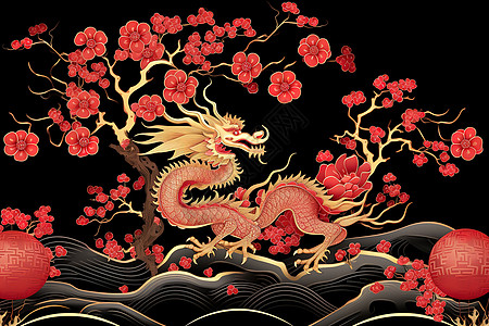 黑色背景中国生肖龙镀金插图背景图片