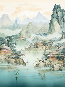 中国建筑诗意山水插画图片