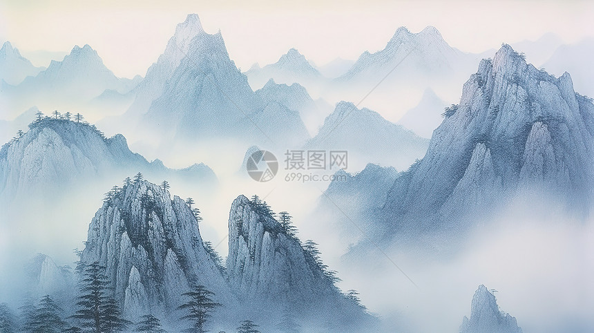 淡蓝色中国风群山插画图片