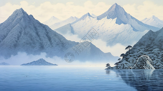 淡蓝色湖边中国山水画图片