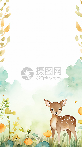 绘本可爱小鹿水彩风边框设计图片