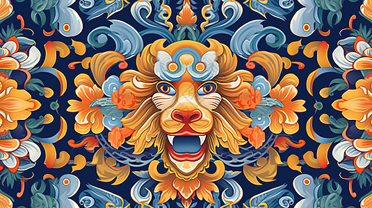 狮子装饰花纹图案插画背景图片