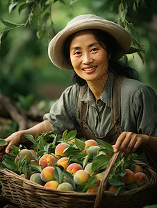 在果园端着一筐桃子的年老农妇图片