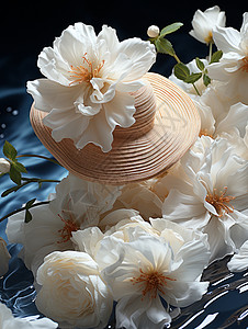 草帽上一朵漂亮的白色花朵图片