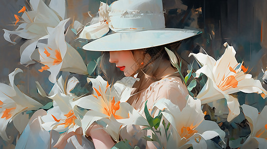 戴帽子的女人和花朵图片
