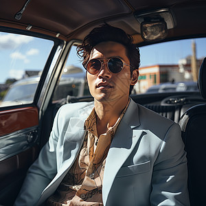 戴墨镜在车里帅气的时尚男人图片