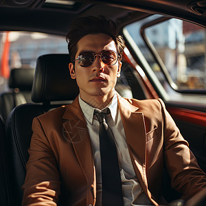穿皮衣坐在车里戴墨镜的时尚男人图片
