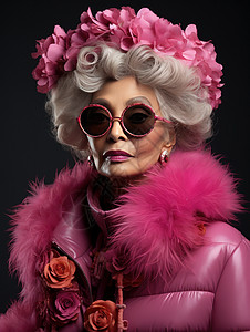 戴墨镜穿粉色羽绒服的时尚老年女人图片