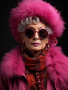 头戴粉色羽毛帽子和墨镜酷酷的老年女人图片