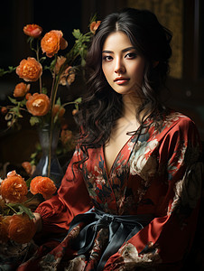 穿红色睡衣站在花朵旁精致的女人图片
