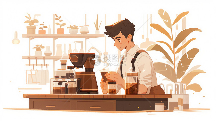 端着热咖啡在咖啡店中磨咖啡的卡通男人图片