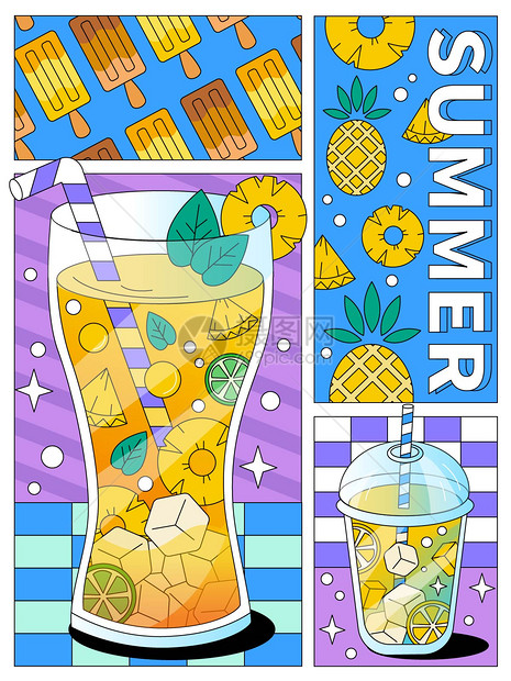 夏季清凉水果饮品扁平插画图片