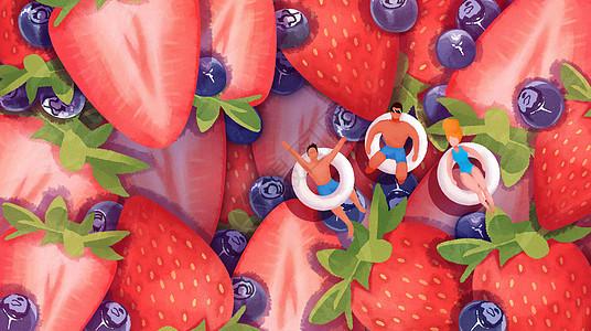 夏天泳池假期草莓蓝莓手绘风横版插画图片