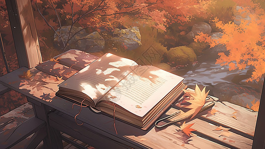 秋天枫树下的书本背景图片