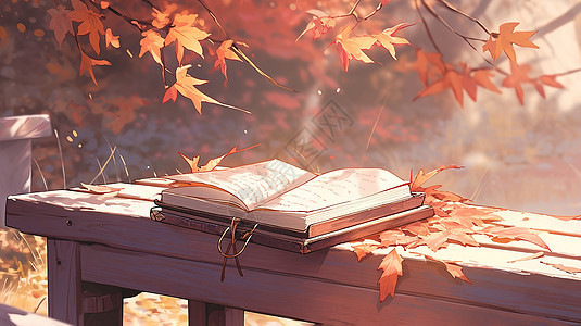 秋分枫树下的书本图片