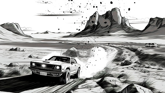 汽车在沙漠中行驶漫画图片