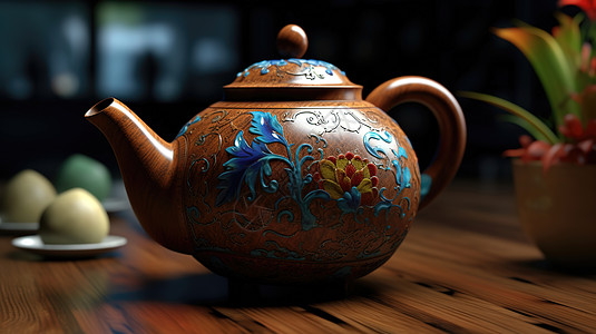 中式茶壶浮雕印花的茶壶插画